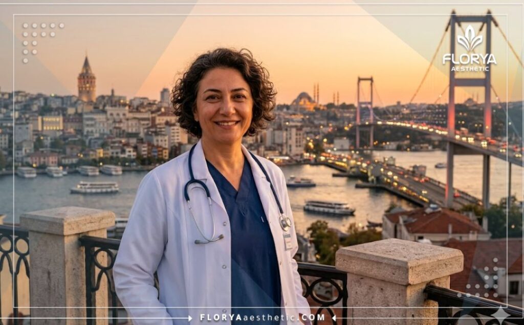 طبيب ودود يرحب بالمرضى في اسطنبول مع خلفية لجسر البوسفور.