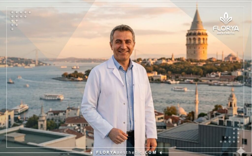 طبيب عيون يبتسم ترحيباً بالمرضى مع خلفية رائعة لجسر البوسفور في مدينة إسطنبول.