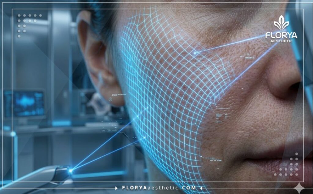 Digital 3D surface scan showing precision targeting for melasma area.