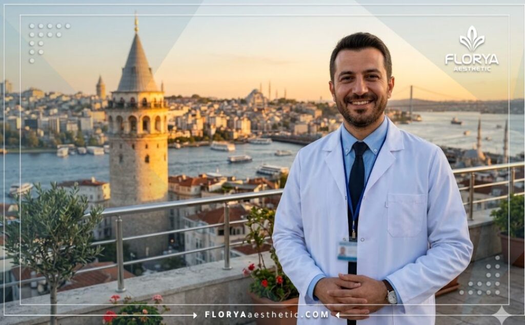 طبيب ودود يرحب بالمرضى في إسطنبول مع خلفية مميزة لمعالم المدينة السياحية
