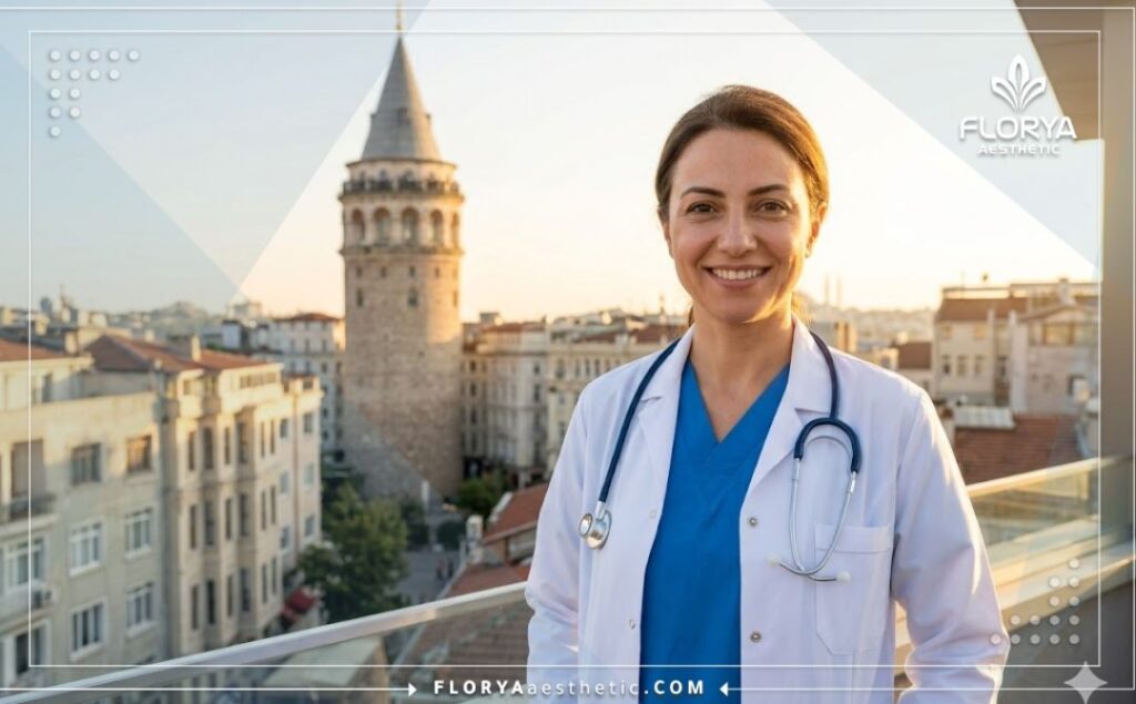 Médico amable en Estambul con el puente del Bósforo de fondo