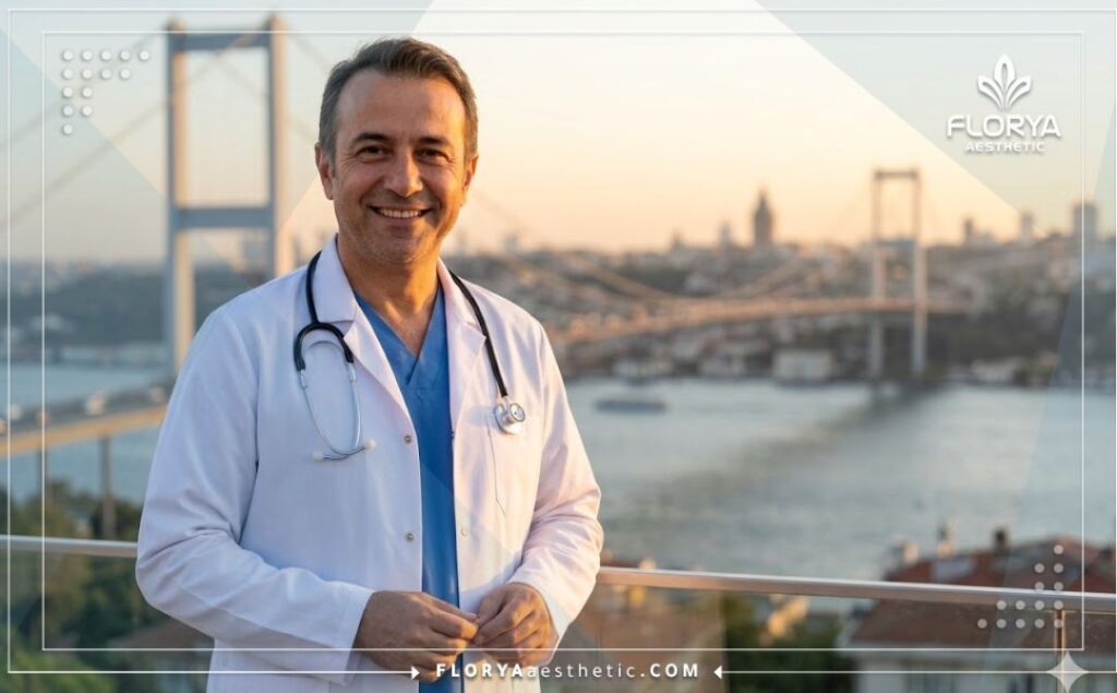 Médecin accueillant avec un sourire chaleureux, avec vue sur Istanbul en arrière-plan.
