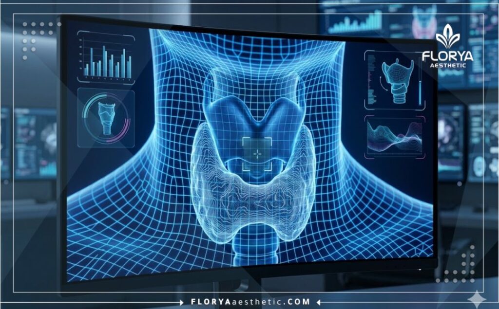 مسح رقمي ثلاثي الأبعاد يوضح تفاصيل ودقة جراحة الحبال الصوتية بدون تدخل جراحي مرئي.