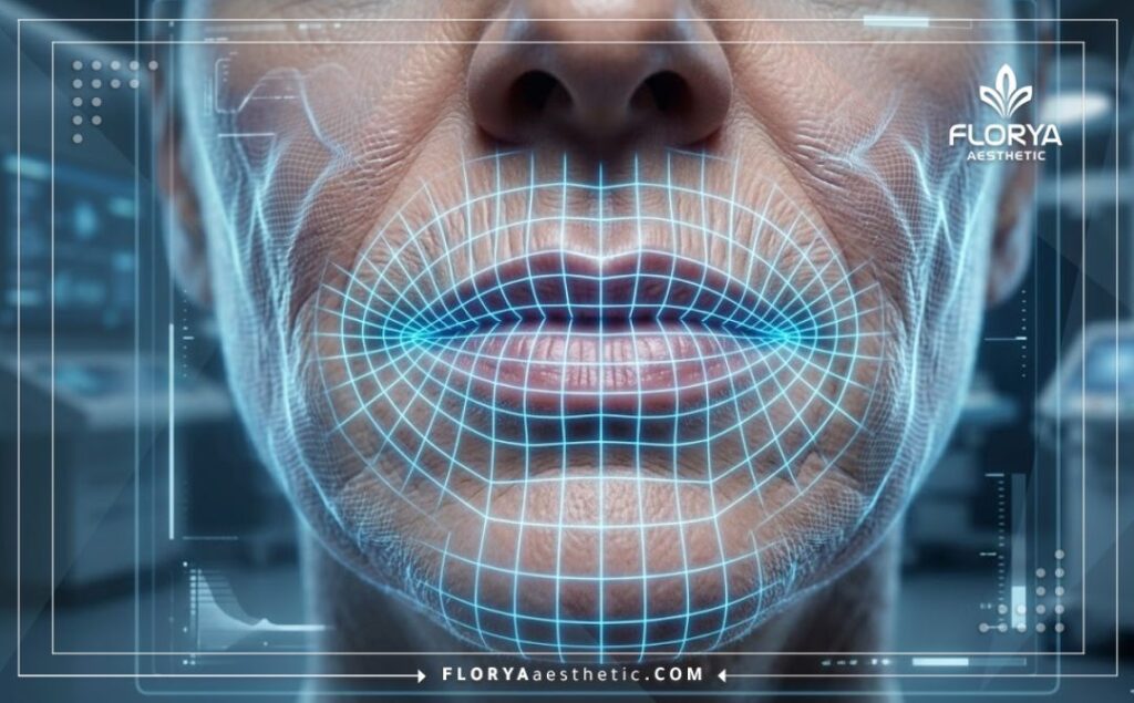 Futuristic 3D surface scan of the perioral area demonstrating precise laser targeting.