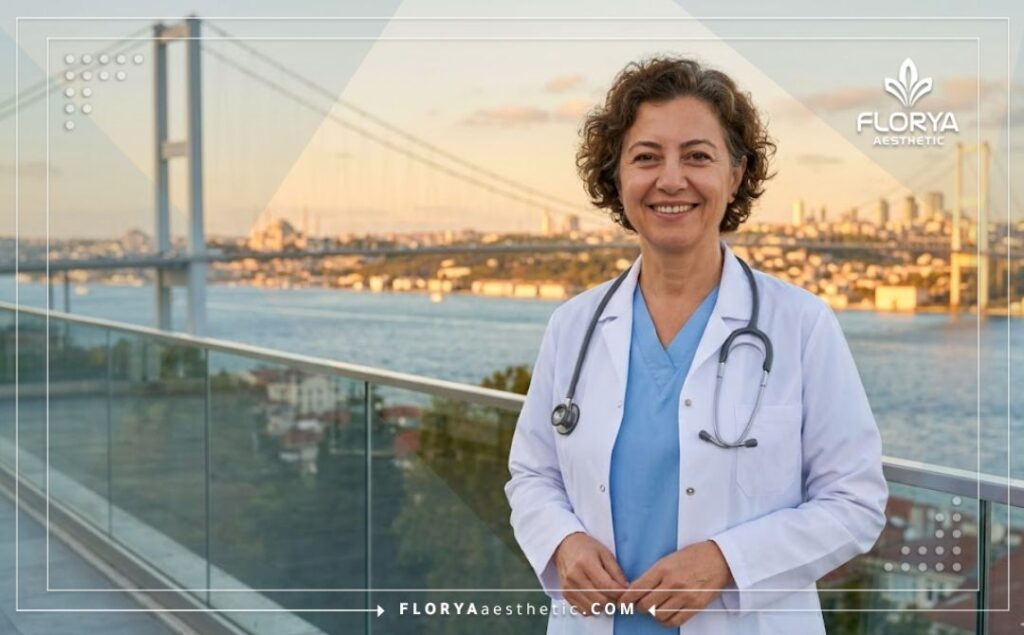 Welcoming aesthetic doctor standing before the beautiful Bosphorus Bridge in Istanbul.