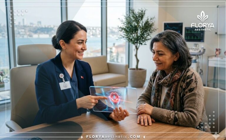 طبيب خبير يستخدم التكنولوجيا الحديثة لشرح خطة تجميل الصوت بالليزر في تركيا للمريض.
