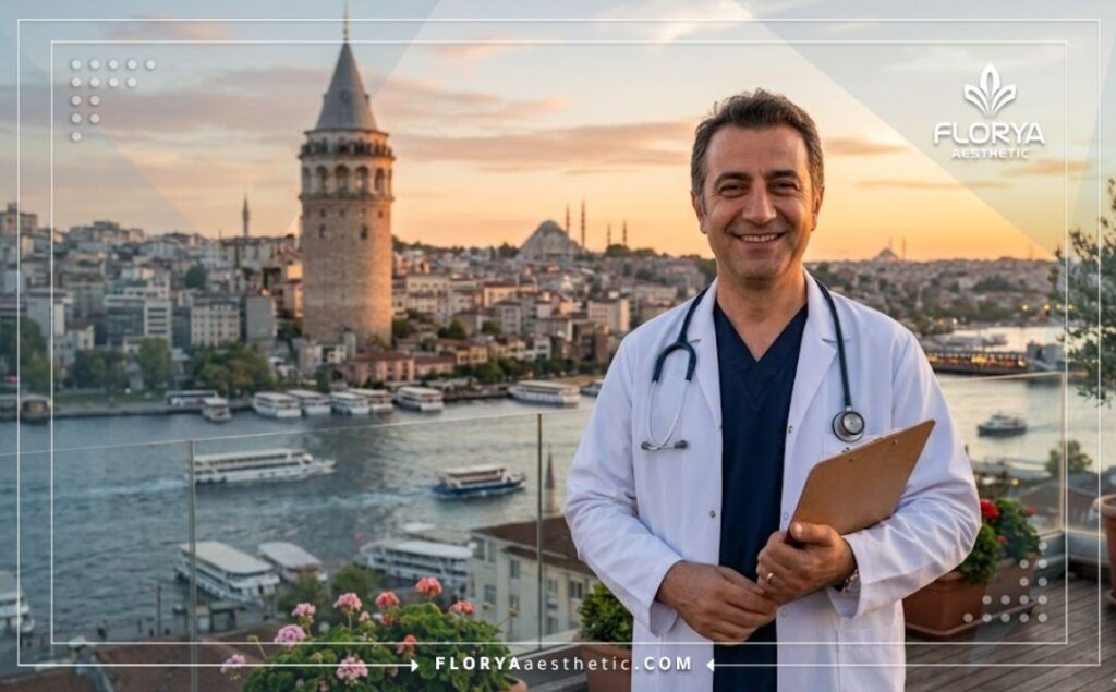 طبيب ودود يرحب بالمرضى في اسطنبول مع جسر البوسفور في الخلفية.