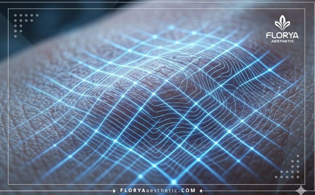 High-tech 3D macro surface scan of skin topography demonstrating precise laser targeting technology.