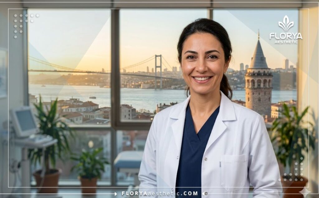 Smiling expert doctor standing in front of the Bosphorus Bridge welcoming patients to Istanbul.