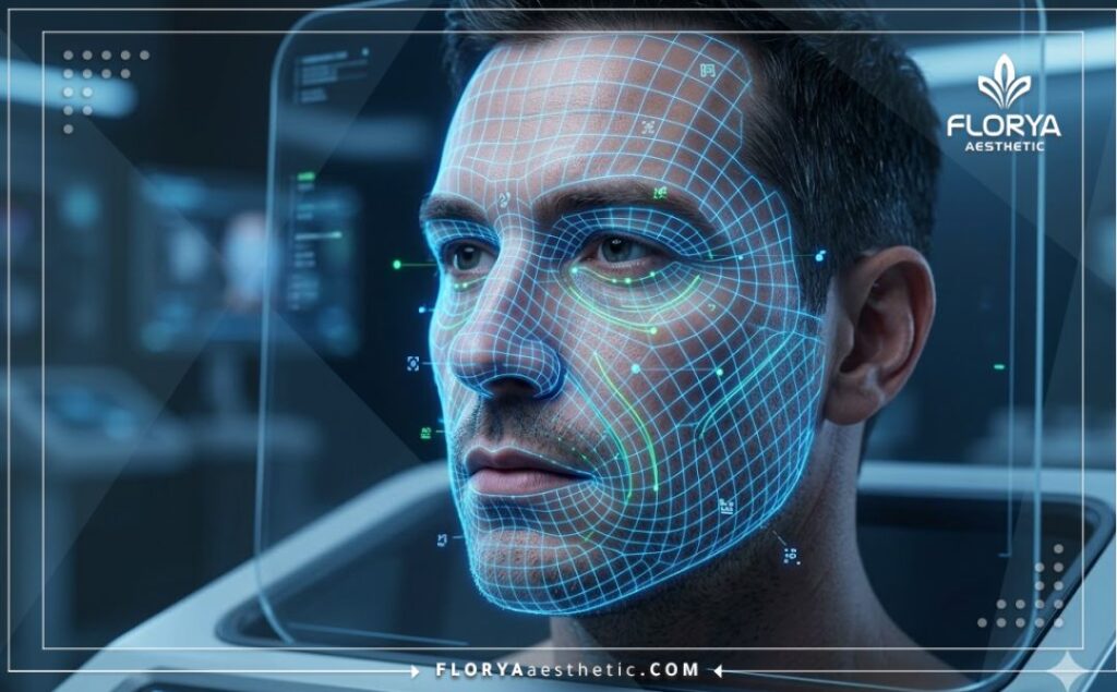 Escaneo facial en 3D de alta tecnología enfocado en la anatomía masculina para procedimientos estéticos.