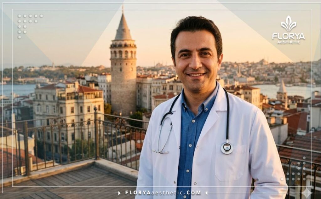 Cirujano amable invitando a pacientes a Estambul con el Puente del Bósforo de fondo.