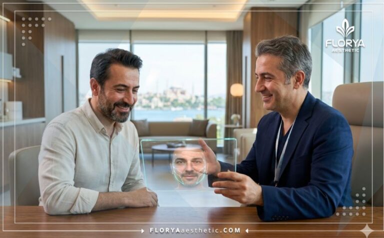 طبيب خبير يستخدم تكنولوجيا حديثة للتخطيط لإجراء تجميل الوجه للرجال في تركيا مع مريض في عيادة حديثة.