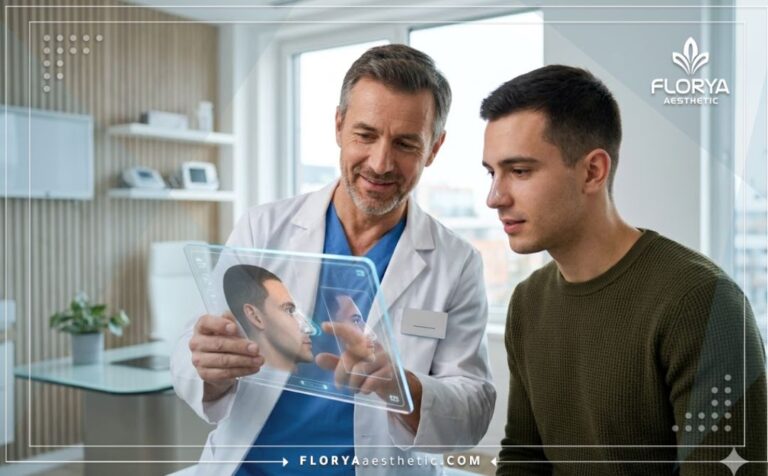طبيب محترف يشرح خطة تجميل الأنف للرجال في تركيا باستخدام جهاز لوحي شفاف وحديث