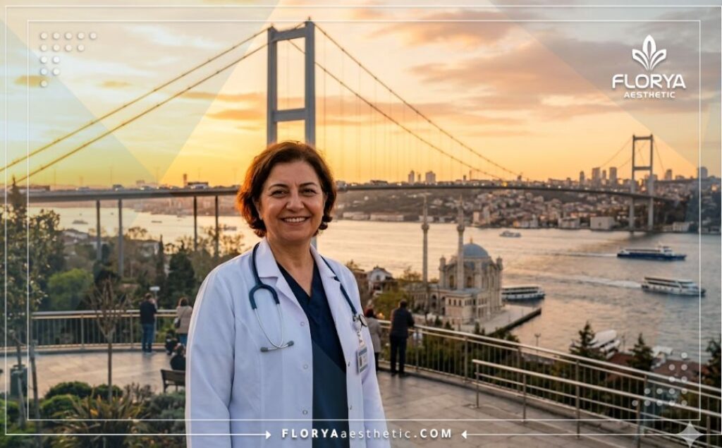 Welcoming doctor standing in front of the Bosphorus Bridge in Istanbul, Turkey.