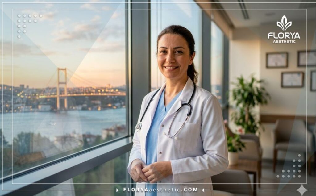 Smiling expert aesthetic doctor standing in front of the Bosphorus Bridge in Istanbul.