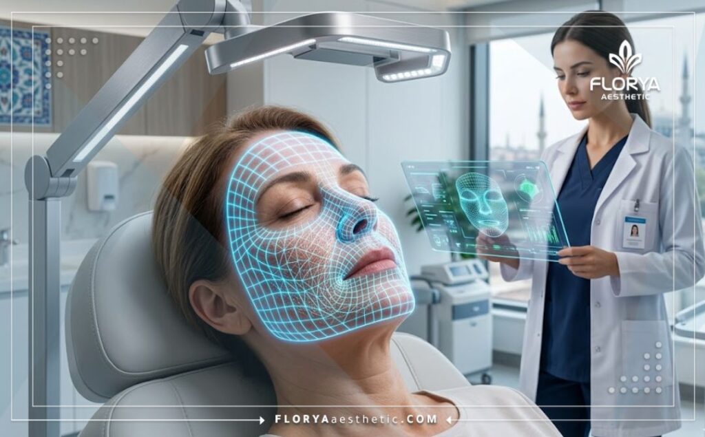Macro 3D surface scan of facial skin showing treatment precision and laser grid