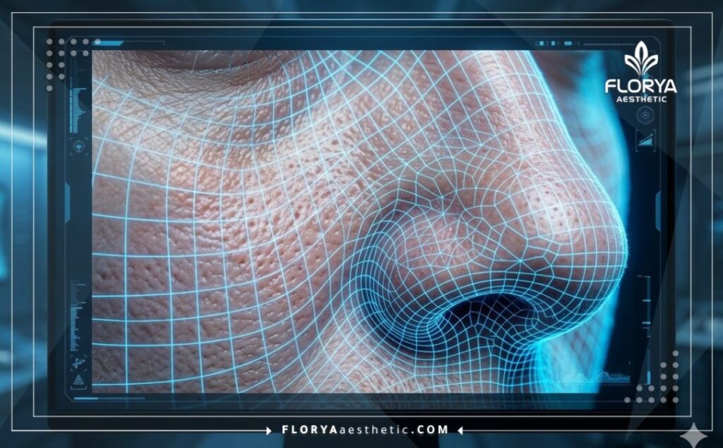 مسح رقمي ثلاثي الأبعاد يوضح دقة علاج المسام وسطح البشرة بتقنيات الليزر المتقدمة.