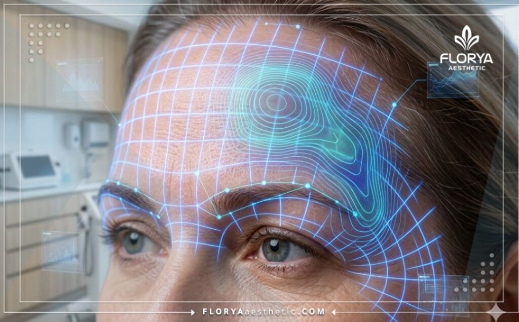 Высокотехнологичное 3D макро-сканирование поверхности, подчеркивающее анатомию лба для точного нитевого лифтинга.