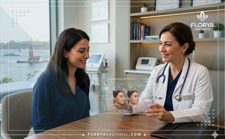 طبيب محترف يعرض خطة رقمية توضح تجربتي مع تجميل الأنف في تركيا داخل عيادة حديثة