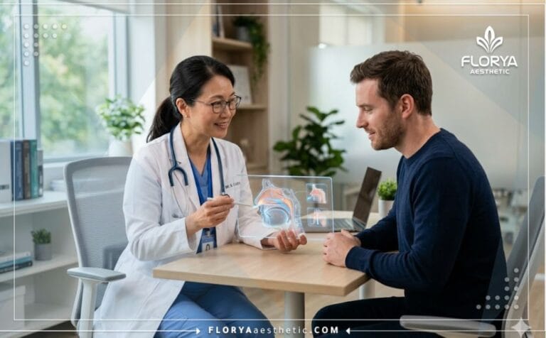 طبيب يشرح خطة علاج النبرة الأنفية جراحيا للمريض باستخدام التكنولوجيا