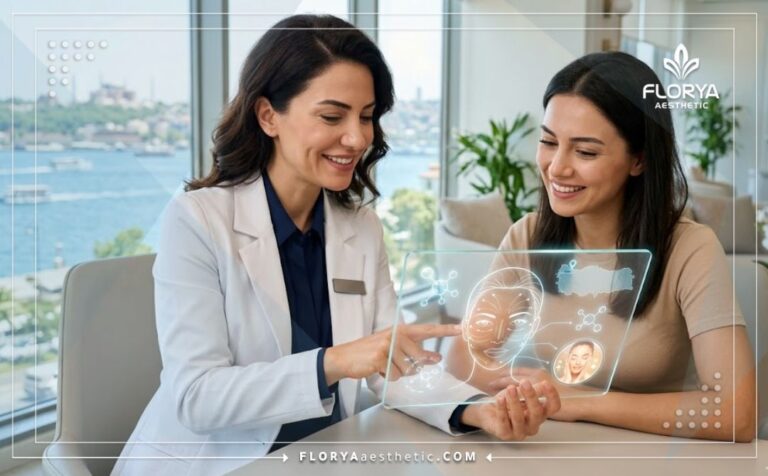 طبيب تجميل يشرح خطة حقن الألبومين الطبيعي لنضارة الوجه في تركيا للمريض عبر شاشة رقمية حديثة.