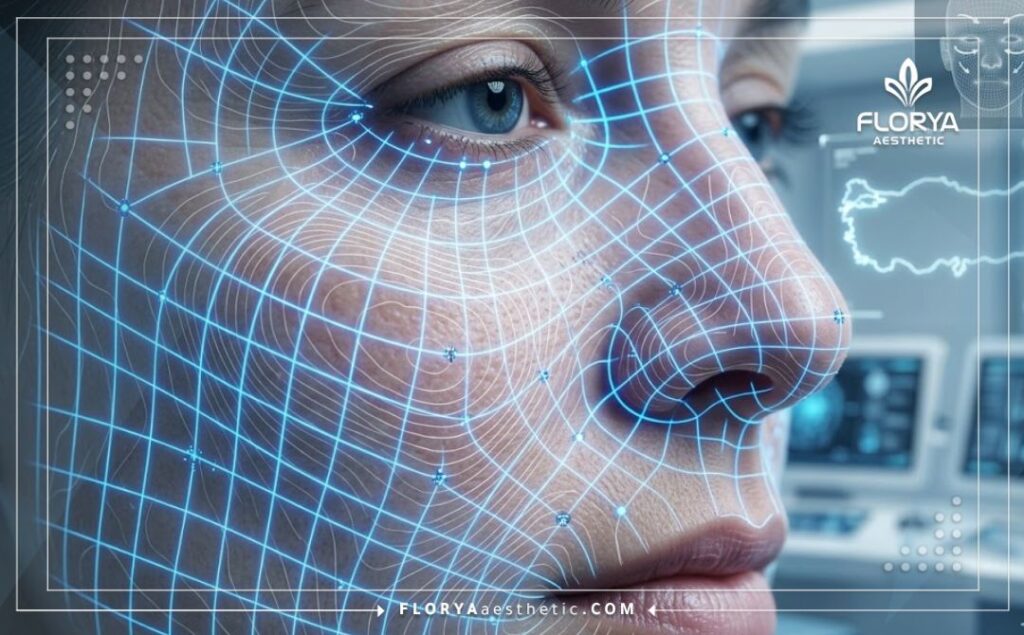 Scan 3D détaillé et technologique de la zone faciale pour un traitement précis.