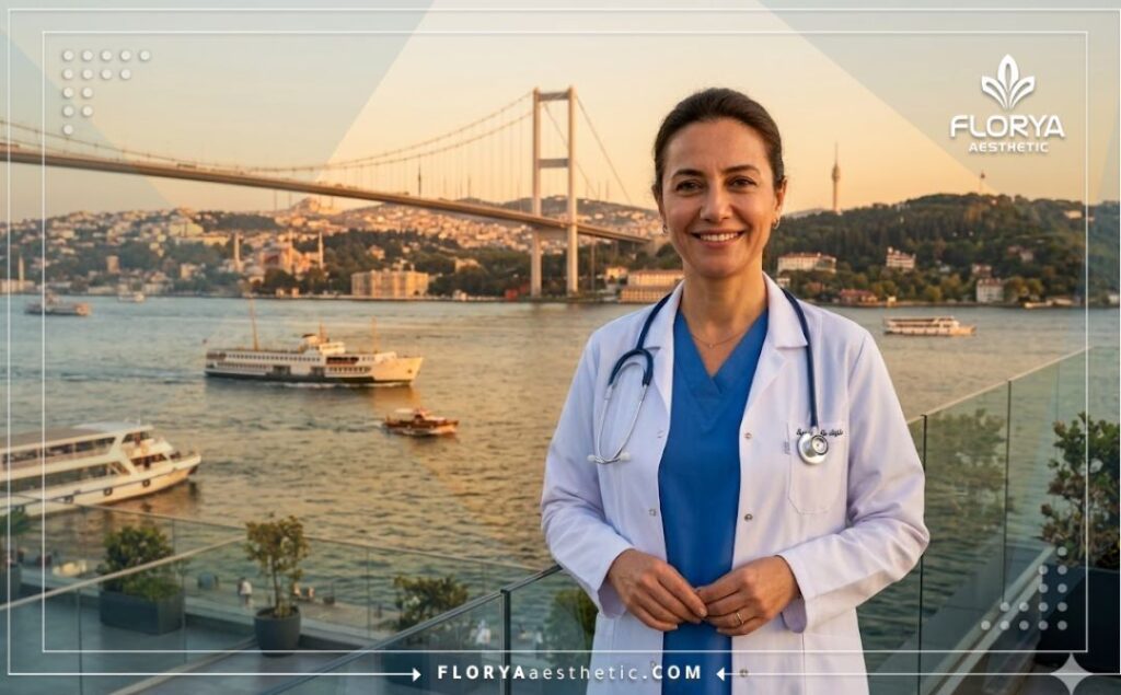 طبيب تجميل يبتسم للترحيب بالمرضى مع جسر البوسفور في الخلفية