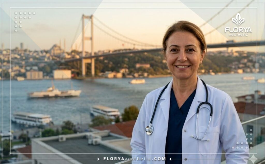 طبيب تجميل ودود يرحب بالمرضى مع جسر البوسفور في اسطنبول بالخلفية