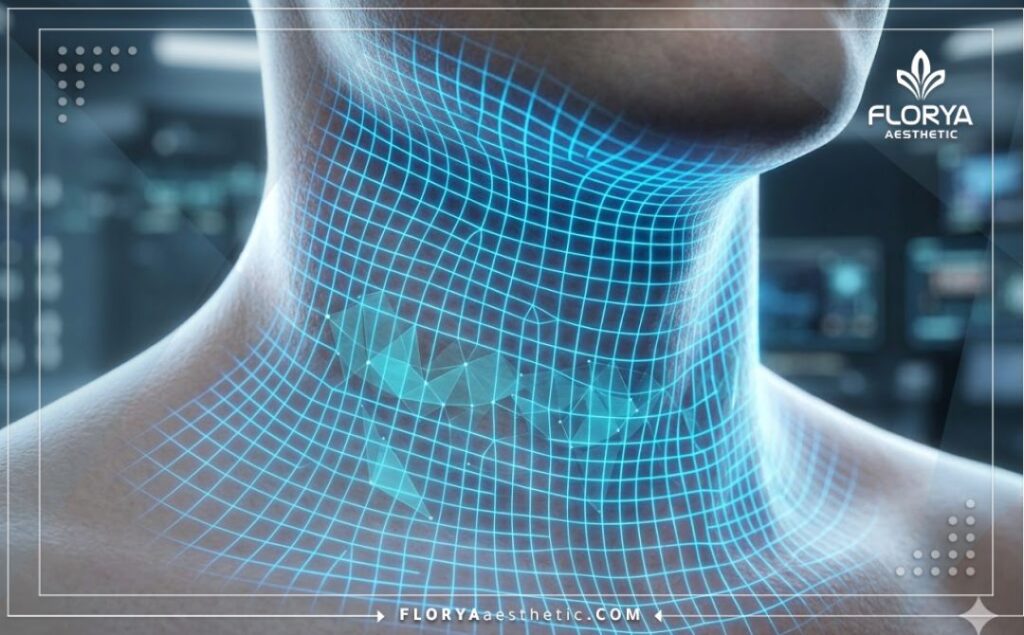 فحص ثلاثي الأبعاد دقيق لمنطقة الرقبة يوضح تفاصيل شبكة الليزر الزرقاء لضمان الدقة