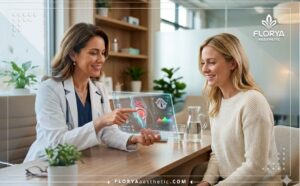 Professional doctor explaining Non-Surgical Voice Aesthetics using an advanced digital tablet