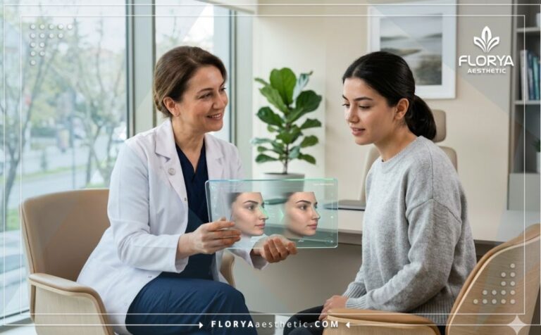 طبيب يشرح خطة تجميل الأنف المفتوح في تركيا للمريض باستخدام التكنولوجيا الحديثة