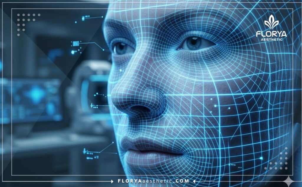 Macro 3D laser scan of facial skin showing surface hydration levels and pore structure.