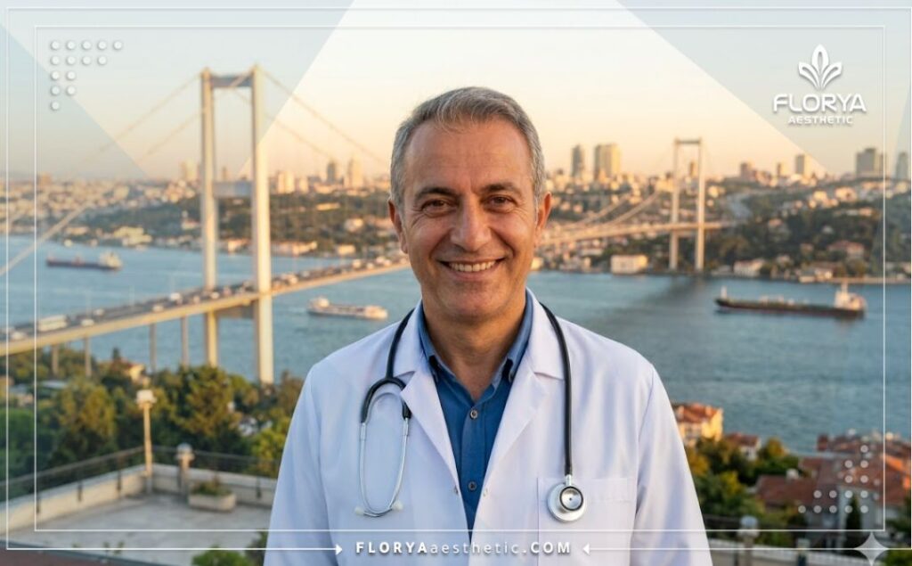 Smiling cosmetic dermatologist in Istanbul with the Bosphorus Bridge behind them at golden hour.
