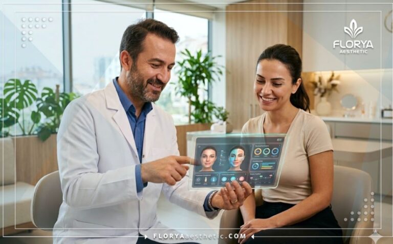 Опытный врач консультирует пациента про Процедура OxyGeneo для лица в Турции с помощью цифровых технологий.