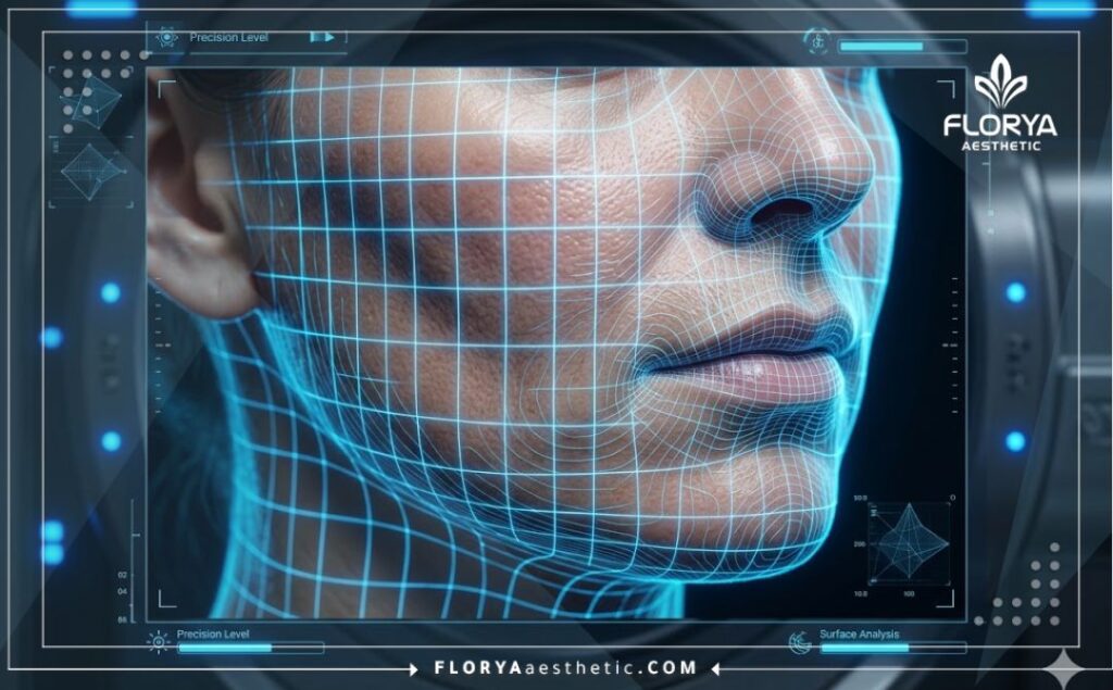 3D topographical mesh scan focusing on facial structure and tissue