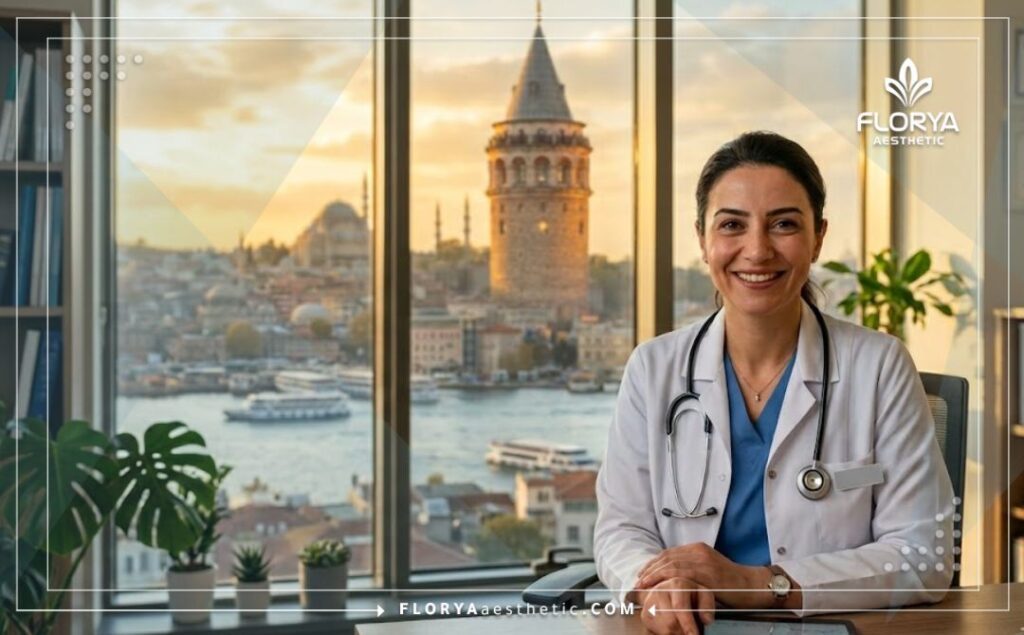 Médico amigable sonriendo y dando la bienvenida frente al Bósforo en Estambul