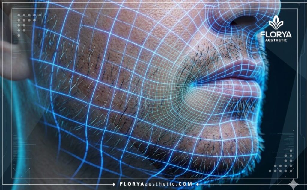 Maillage numérique 3D détaillé et scan de surface se concentrant sur les follicules pileux et la peau du visage.