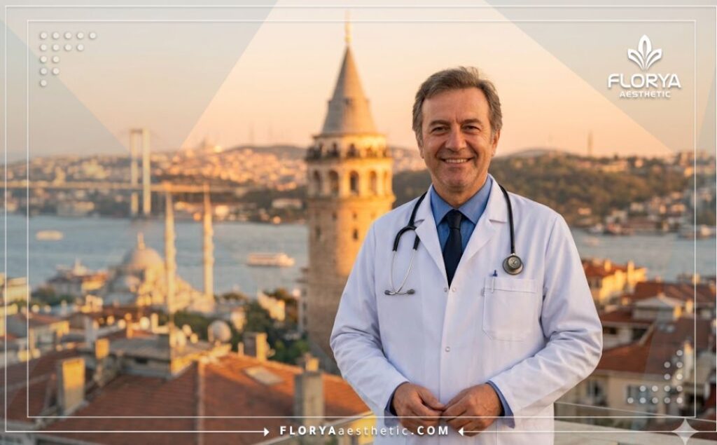 Docteur souriant accueillant les patients à Istanbul devant une vue panoramique de la ville.