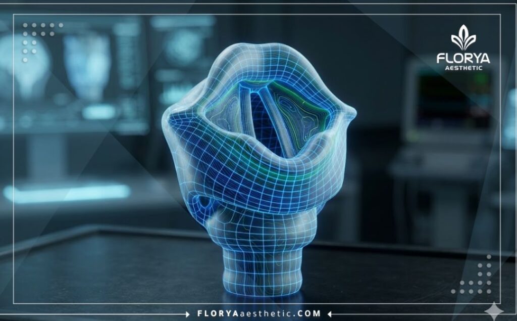 High-tech digital 3D mesh scan of the vocal cords area showing surgical precision.