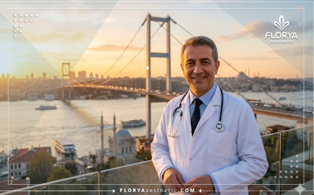 Welcoming medical professional in Istanbul with the Bosphorus Bridge in the background.