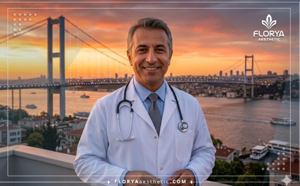 طبيب ودود يرحب بالمرضى في إسطنبول مع ظهور جسر البوسفور في الخلفية.