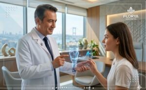طبيب محترف يشرح خطة عمليات تحسين النطق في تركيا للمريض باستخدام جهاز لوحي متطور.