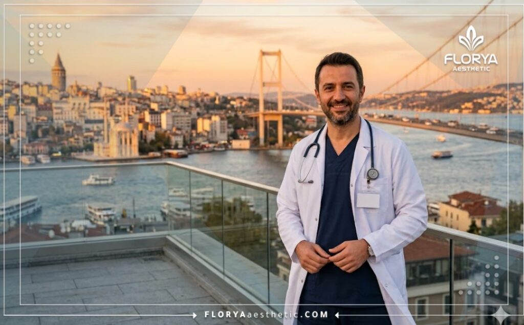 طبيب تجميل يرحب بالمرضى مع خلفية معالم إسطنبول الساحرة