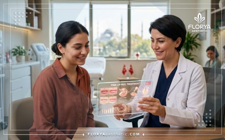 طبيب محترف يشرح تقنية التقشير الوردي لتوريد الشفايف في تركيا للمريضة عبر جهاز لوحي متطور