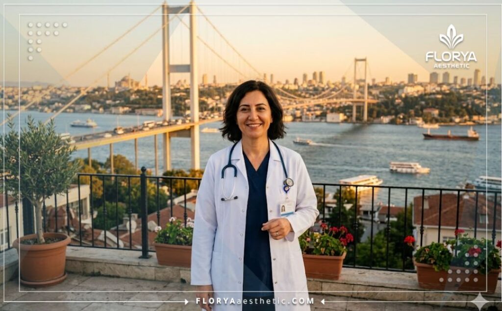 Docteur chaleureux souriant à Istanbul près du pont du Bosphore