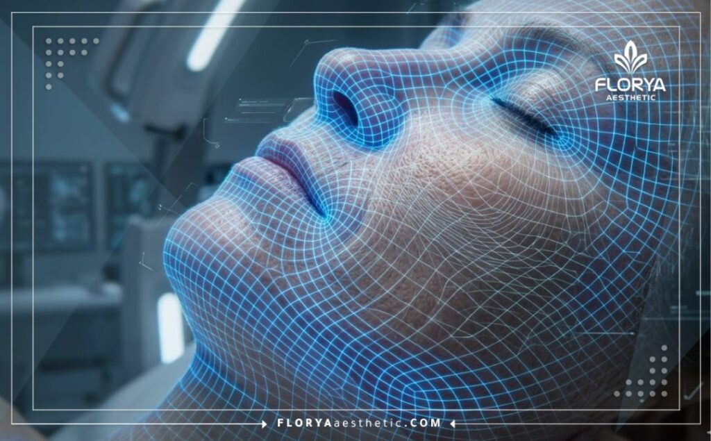 High-tech 3D macro surface scan of facial skin showing precise hydration zones.