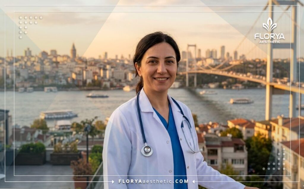 Friendly aesthetic doctor welcoming international patients with the Bosphorus Bridge in Istanbul.