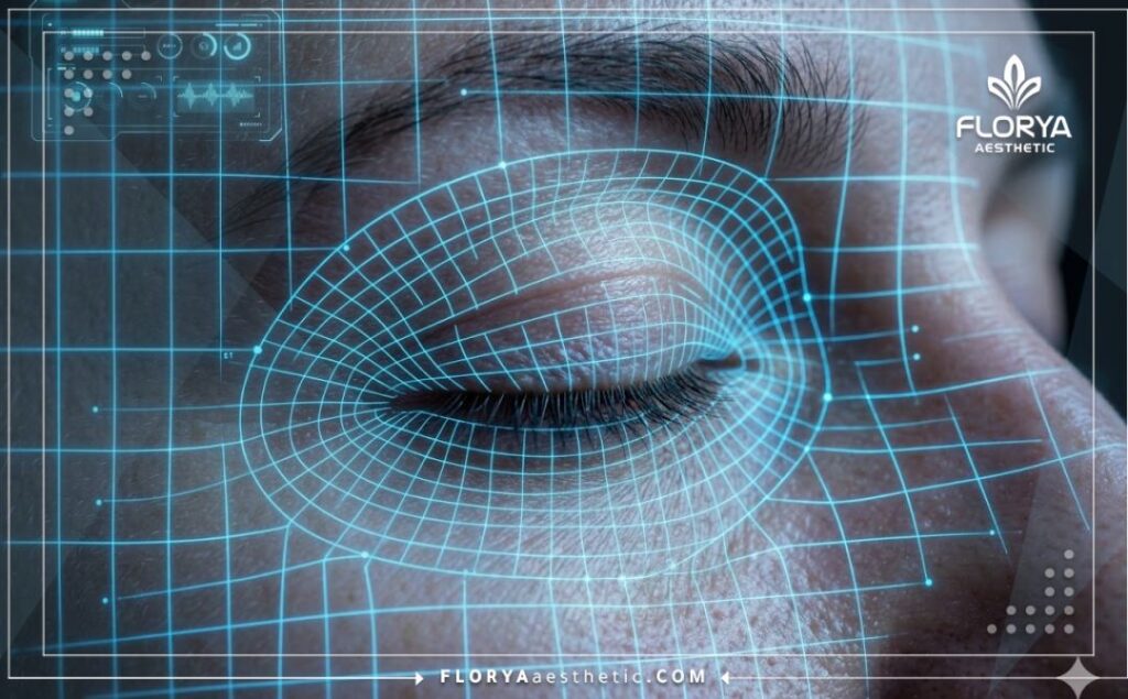 High-tech digital 3D mesh scan focusing on the upper eyelid and eye anatomy