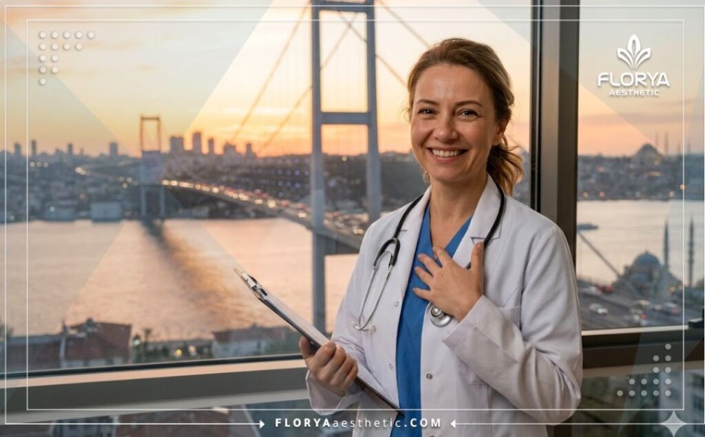 Friendly aesthetic doctor smiling in Istanbul with a famous landmark in the background