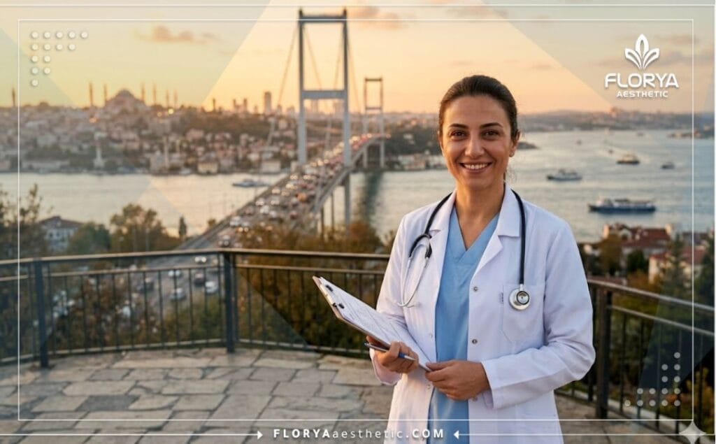 طبيب ودود يبتسم ويرحب بالمرضى في اسطنبول مع ظهور جسر البوسفور في الخلفية